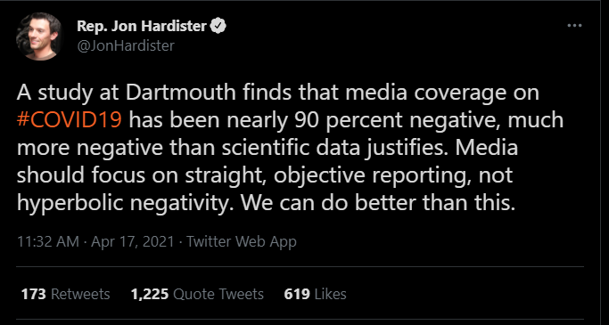 "A study at Dartmouth finds that media coverage on #COVID19 has been nearly 90 percent negative, much more negative than scientific data justifies. Media should focus on straight, objective reporting, not hyperbolic negativity. We can do better than this."