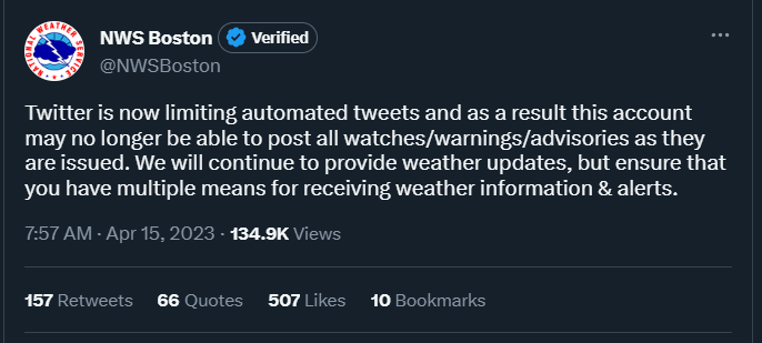 Twitter is now limiting automated tweets and as a result this account may no longer be able to post all watches/warnings/advisories as they are issued. We will continue to provide weather updates, but ensure that you have multiple means for receiving weather information & alerts.